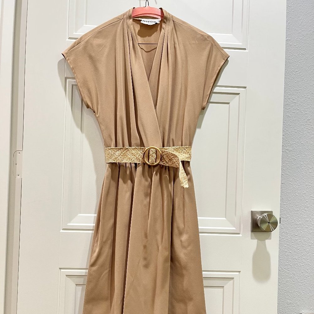 Vintage Camel Short-Sleeved Dress with Matching Belt